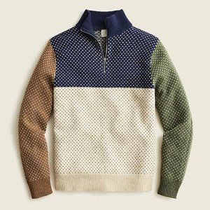 J Crew Rugged Merino Wool Half Zip Colorblock Bird's Eye Sweater